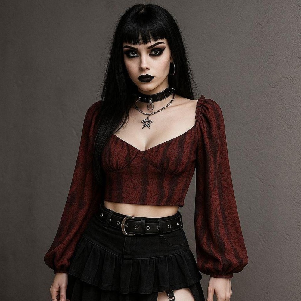 Gothic Womens L Crop‎ Top Red Black Balloon Sleeve Whimsigoth Boho Renaissance
